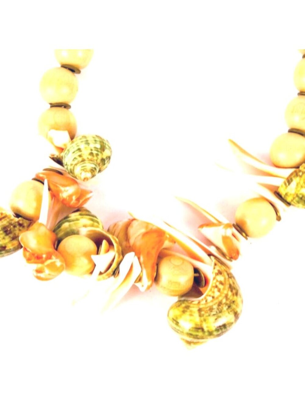 Wood Beads & Shell Necklace. 16" Long , 5/8" Beads 1.5" Large Shells Spring Ring